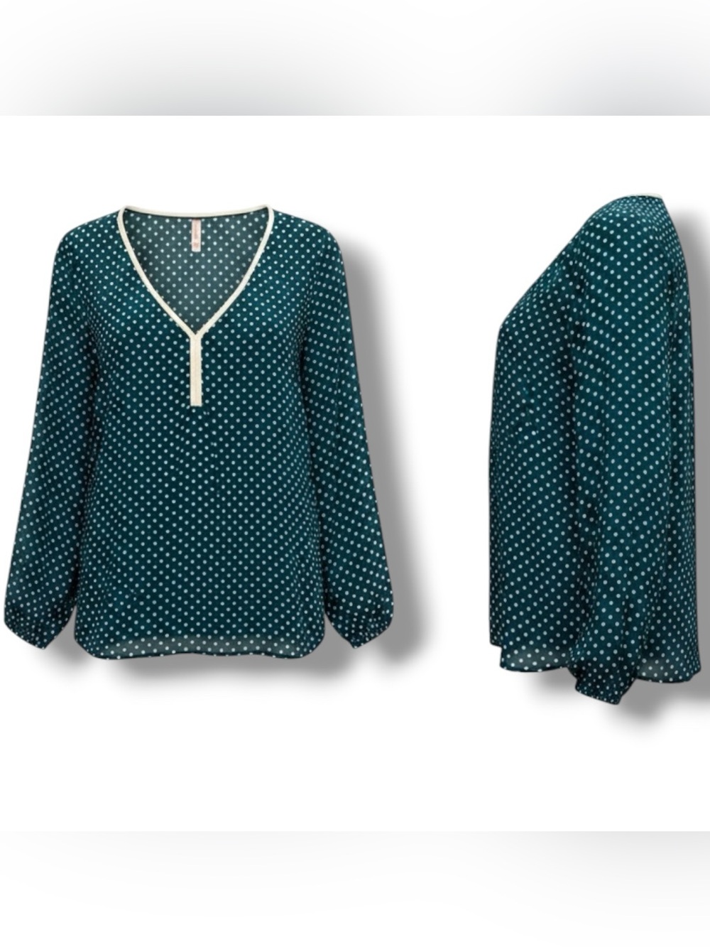 Y2K Boho Teal & Cream Polka Dot Peasant Style Blouse Deep V-Neck Festival XXL